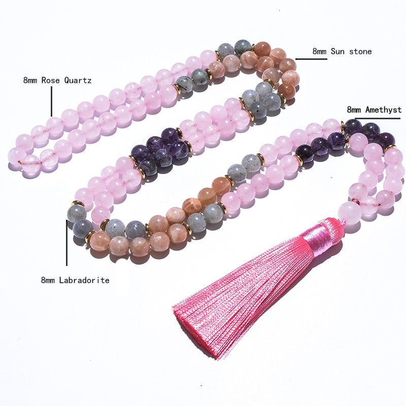 8mm Amethyst Sun Stone Rose Quartz Beaded Necklace Set Meditation Yoga Jewelry 108 Japa Mala Women Charm Tassel Rosary