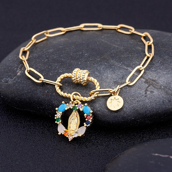 New Design Copper Zircon Colorful Crystal Virgin Mary Pendant Chain Bracelet For Women