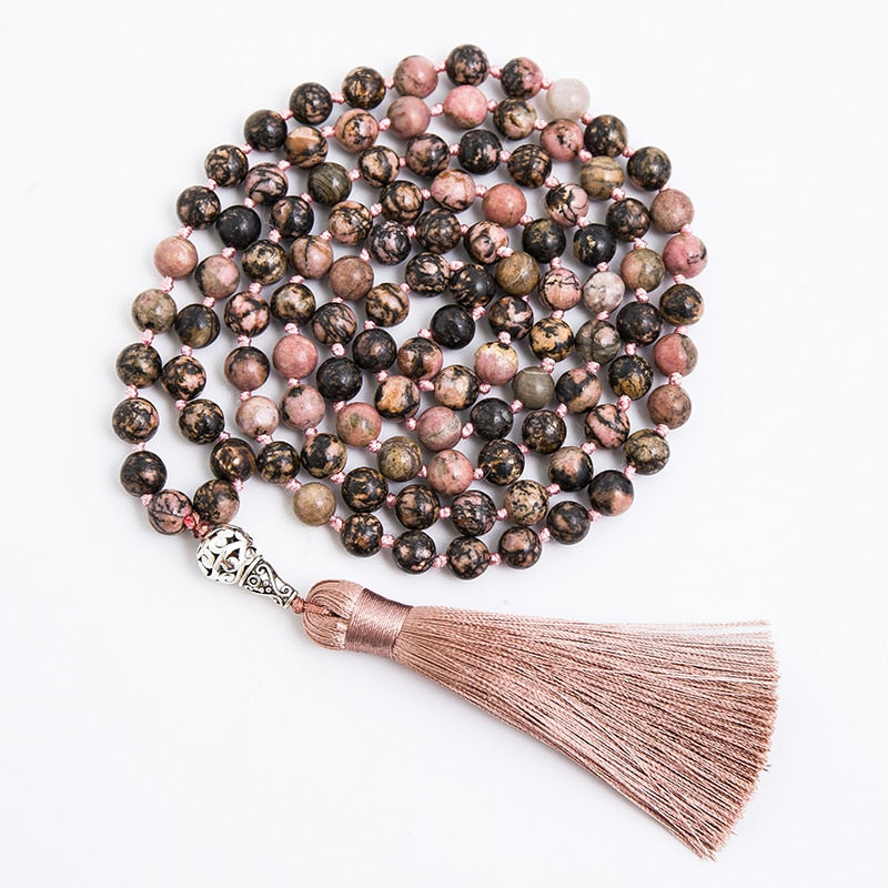 8mm Natural Black Line Rhodochrosite Beads Knotted Necklace