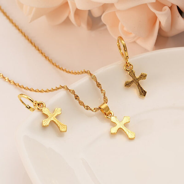 24k gold jesus cross Pendant Necklace chain Earrings sets Jesus Gifts