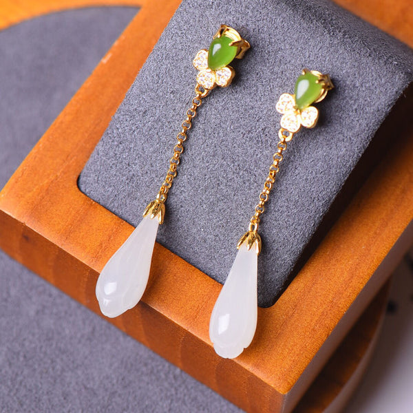 Silver inlaid natural Hetian White Magnolia long earrings