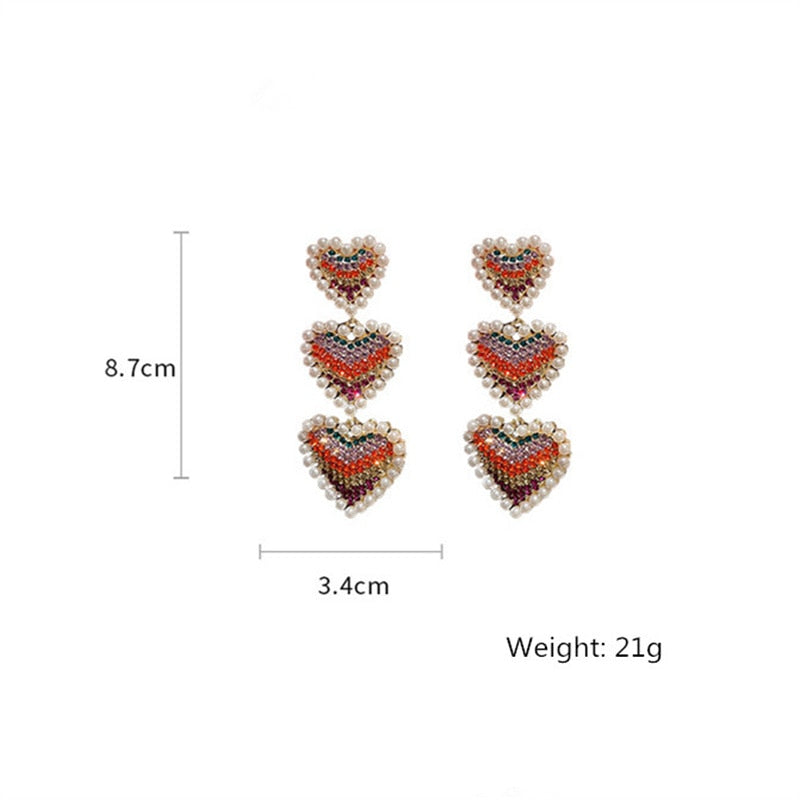 Sweet Pearl Love Heart Earrings Colorful Rhinestone Dangle Earrings Women