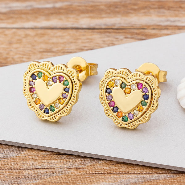 11 Styles Cubic Zircon Heart Stud Earrings Cute Rainbow Earrings For Women