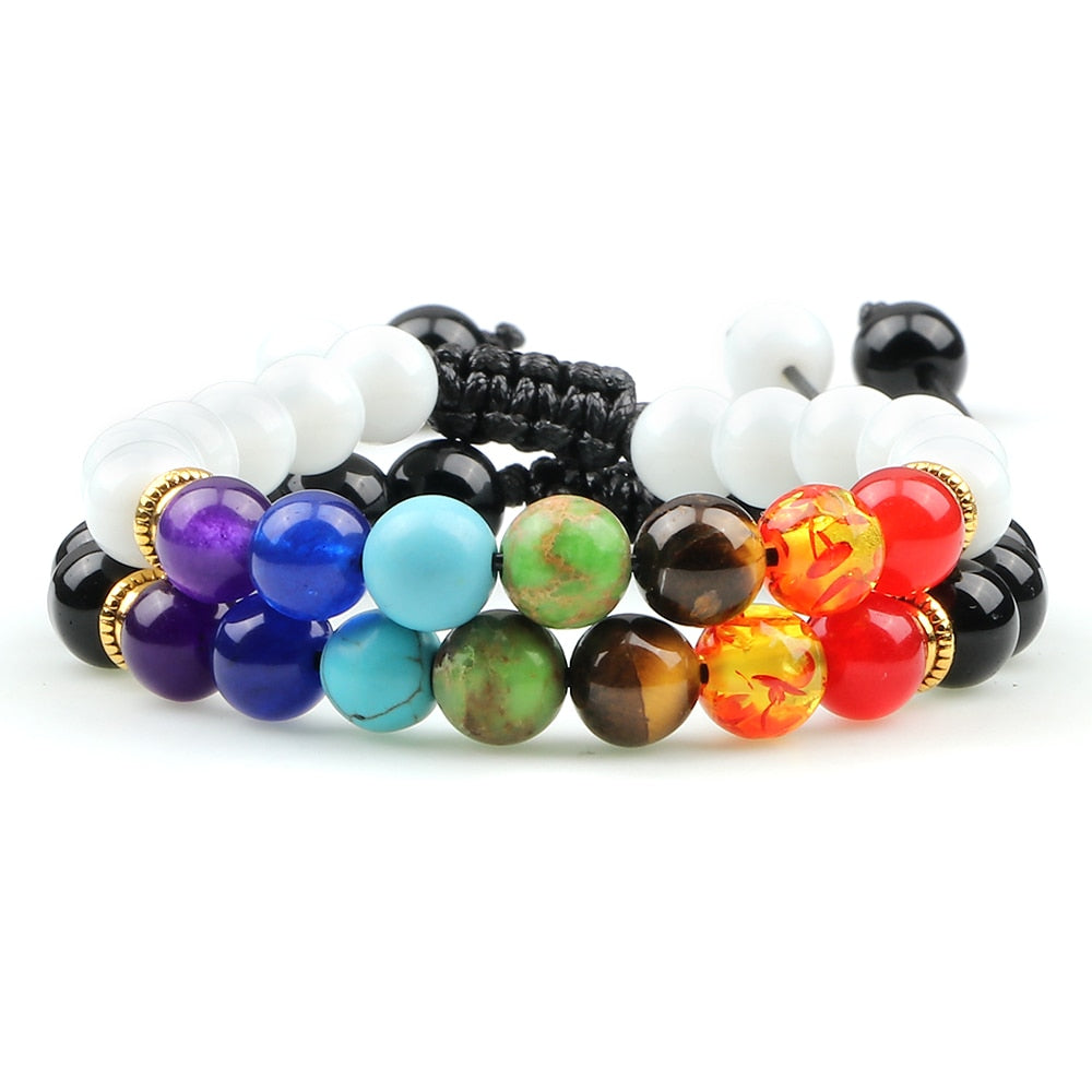 2pcs/set 7 Chakra Black Lava Beads Bracelets Natural Stone Yoga Adjustable Braided Bangle