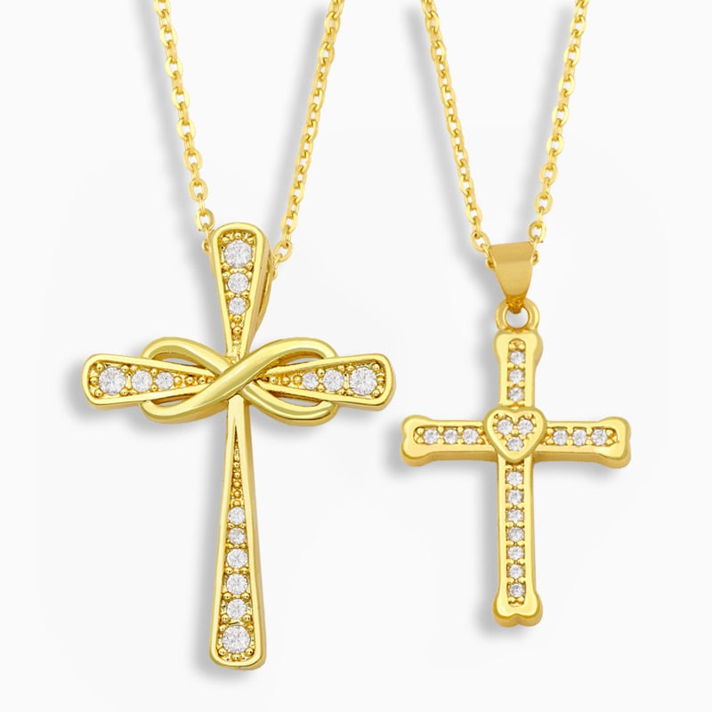 Rhinestone Infinity Cross Necklace For Women CZ Micro Pave Heart Pendant Necklace