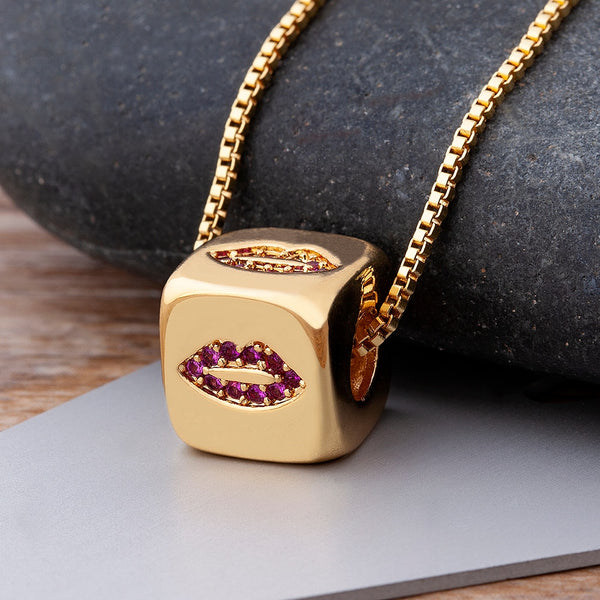 New Design Cute Cube Dice Lips Necklace Copper Zircon Gold Color Chain Necklace