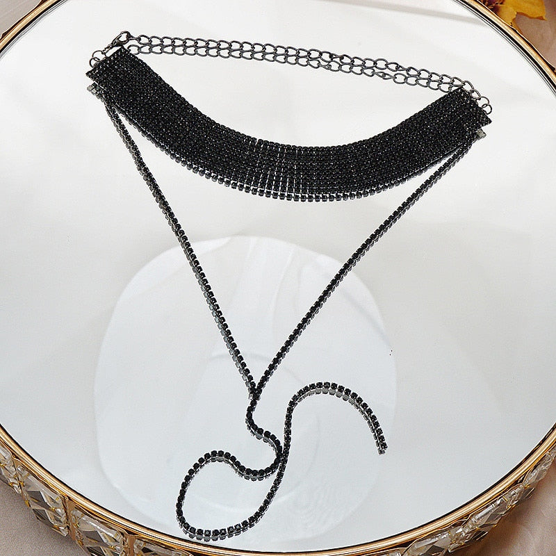 Fashion Black Rhinestone Necklace Bracelet Earrings For Women