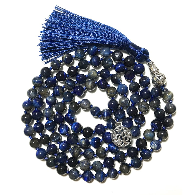 8mm Natural Lapis Lazuli Tiger Eye Stone Beaded Knotted Necklace