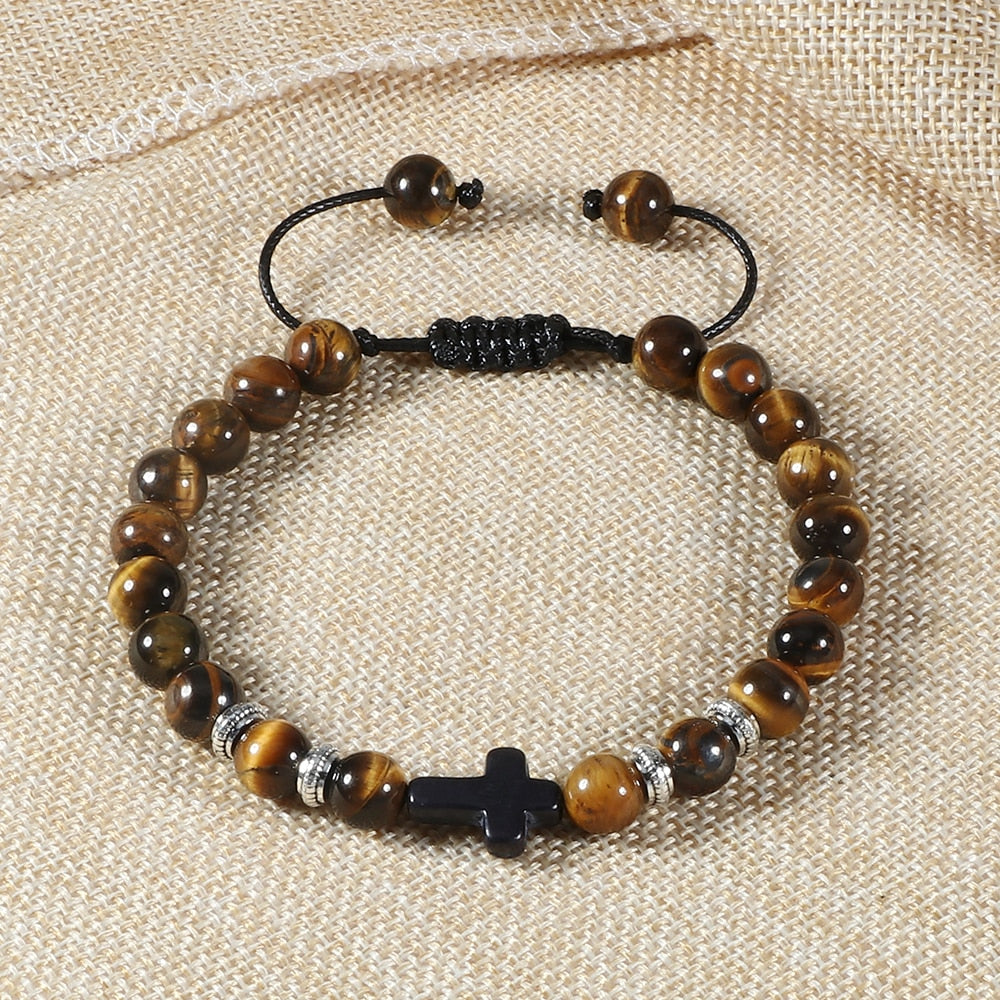 Hot Men Energy Bracelets Natural Tiger Eye Stone Black Lava Cross Beads Bracelet