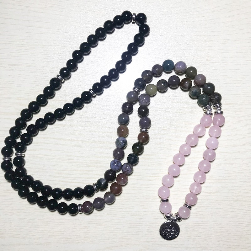 108 Mala Beaded Natural Stone Bracelet 8mm Black Onyx Rose Quartz Beaded