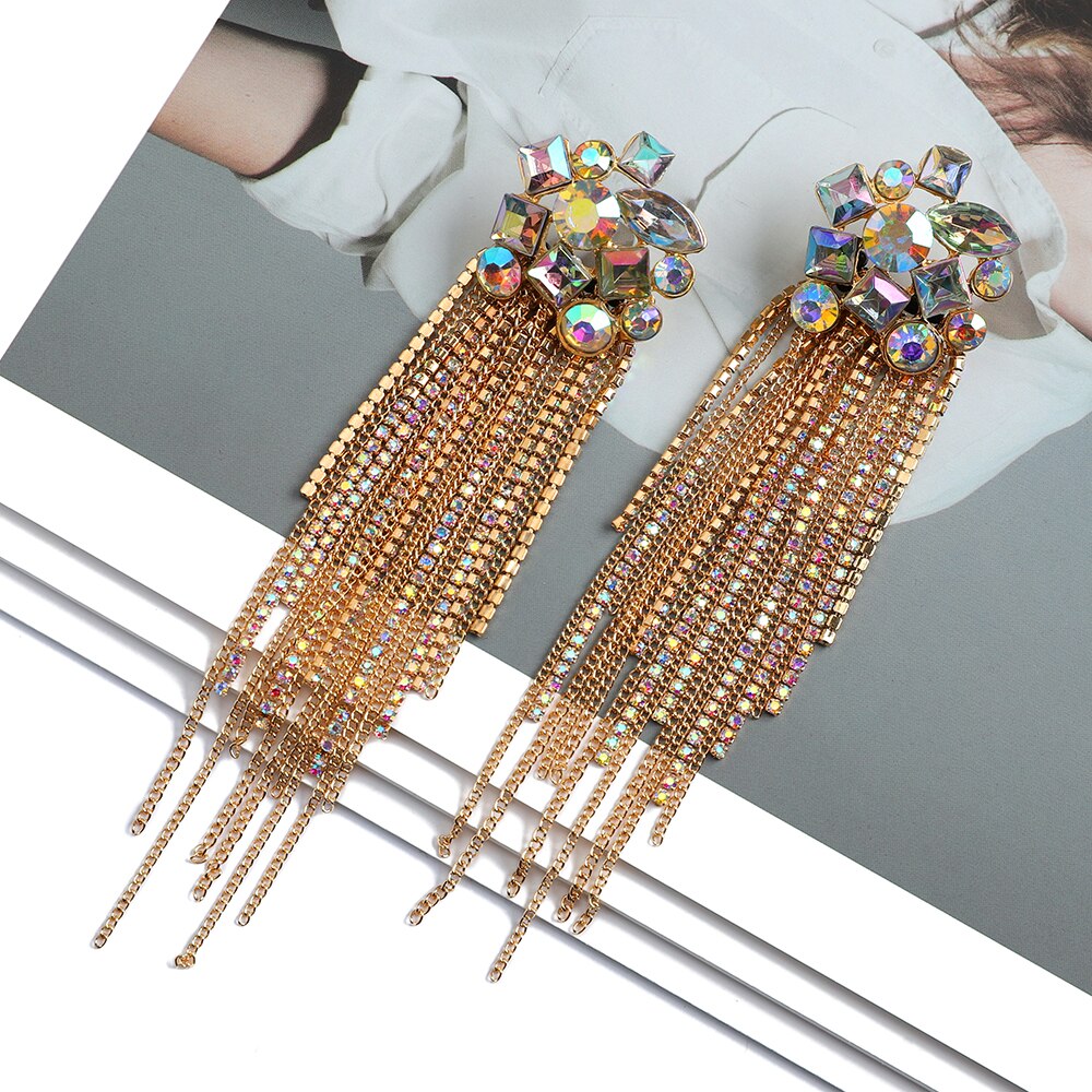 Fashion Metal Chain Inlay Colorful Rhinestone Tassel Dangle Earrings For Women