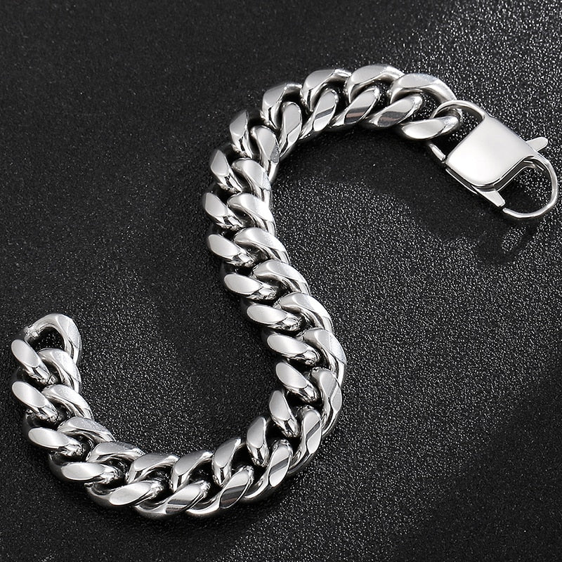 14MM Cuban Chain On Hand Bracelet Man Solid Polished Stainless Steel Curb Cuban Link Men's Bracelets