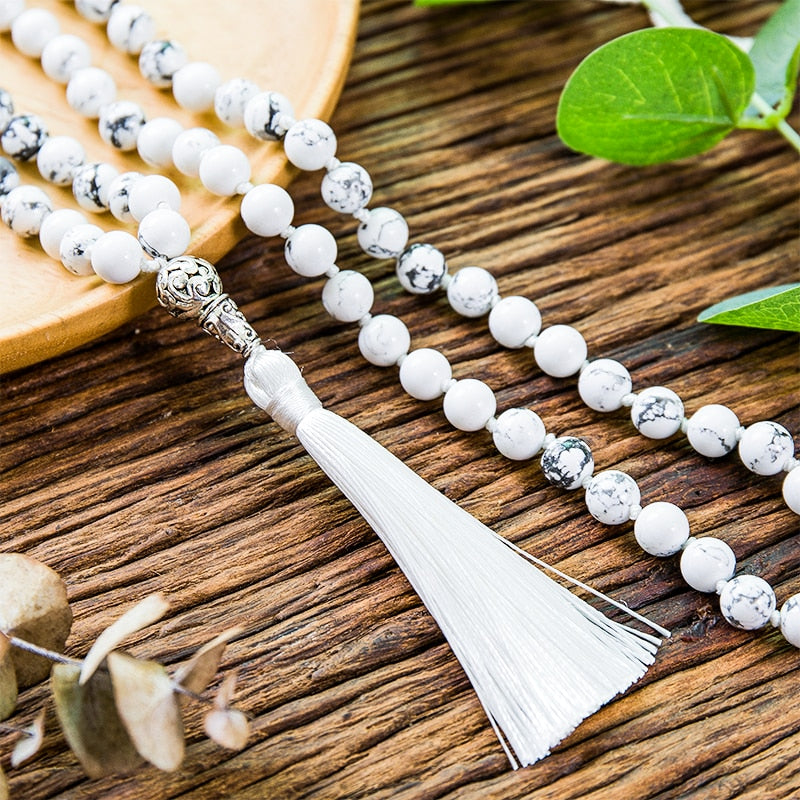 8mm White Howlite Knotted Mala Necklace Meditation Yoga Blessing Jewelry