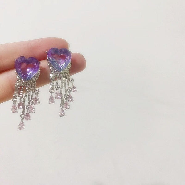 Fashion Dream Romantic Purple Crystal Love Heart Tassel Earrings For Women P