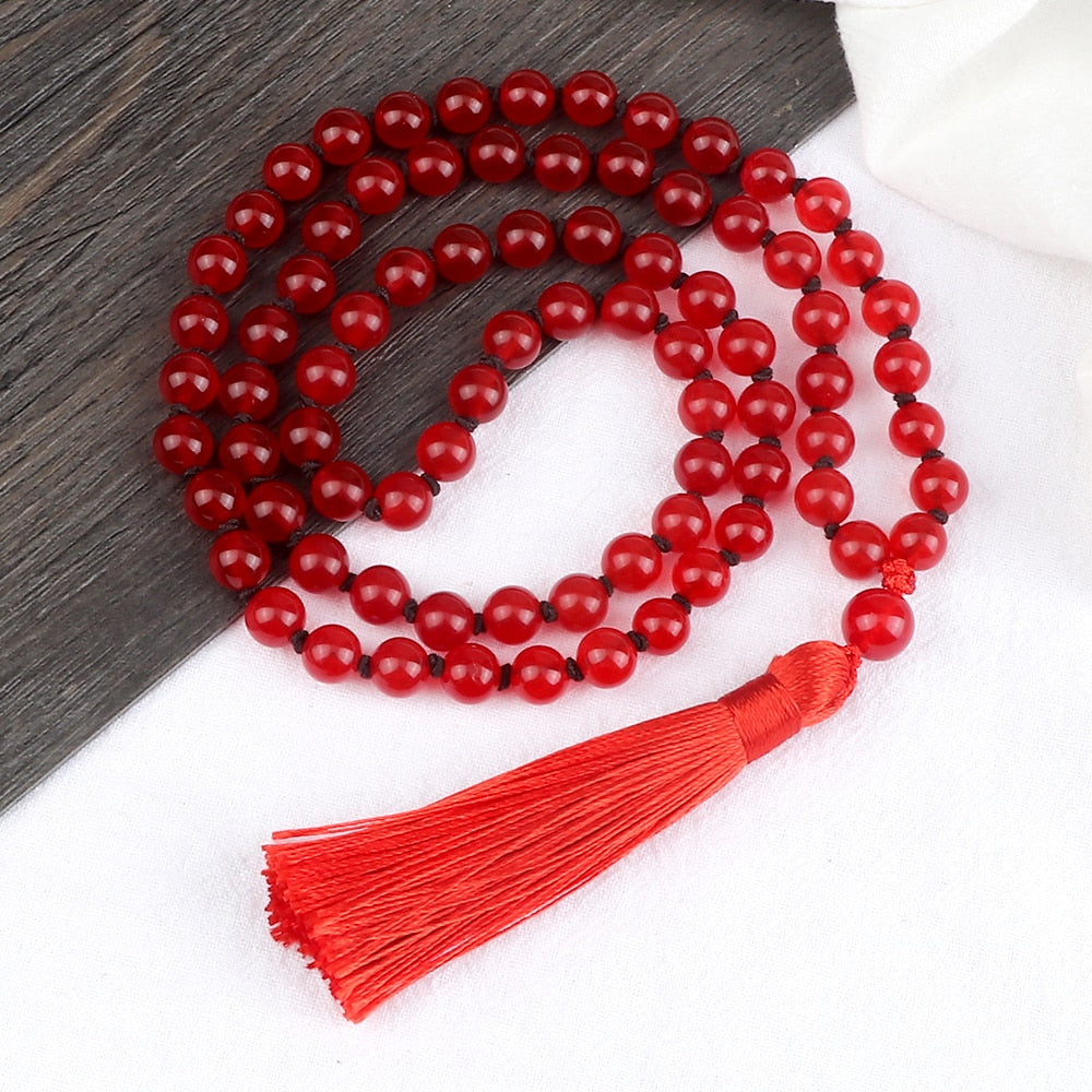 8mm Natural Red Stone Beaded Mala Necklaces Handmade Knotted Elastic Necklace Women Men