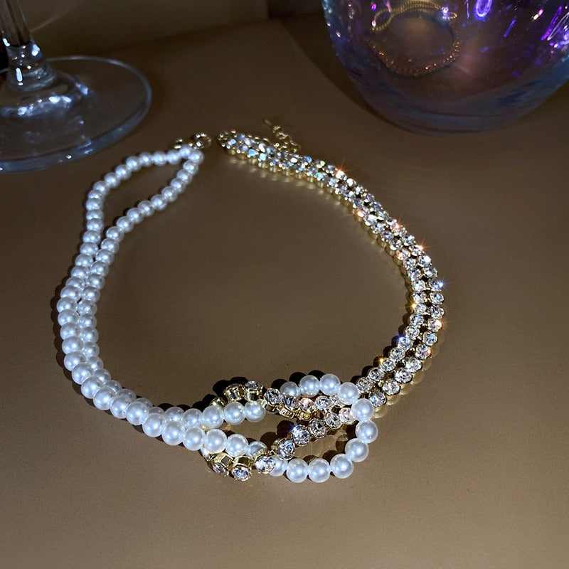 Korean Style Pearl Crystal Choker Necklaces for Women