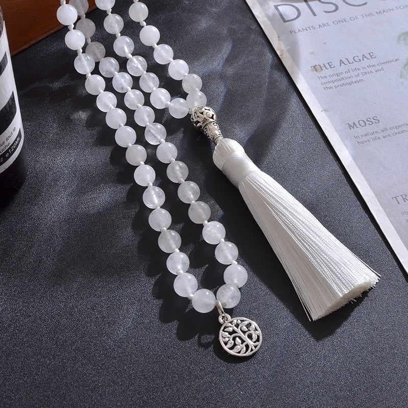 108 Mala Beaded 8mm White Jade Knotted Necklace Meditation Yoga Blessing Jewelry Women