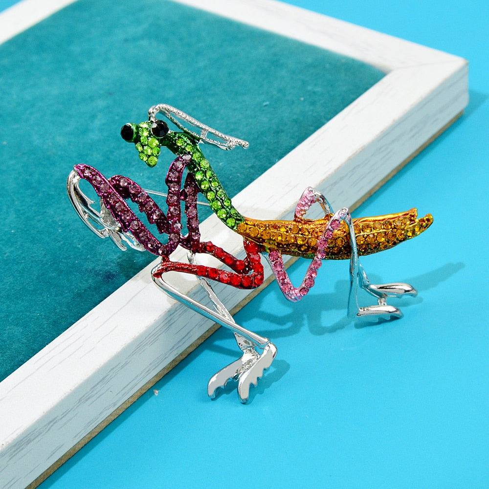 Rhinestone Colorful Praying Mantis Brooch