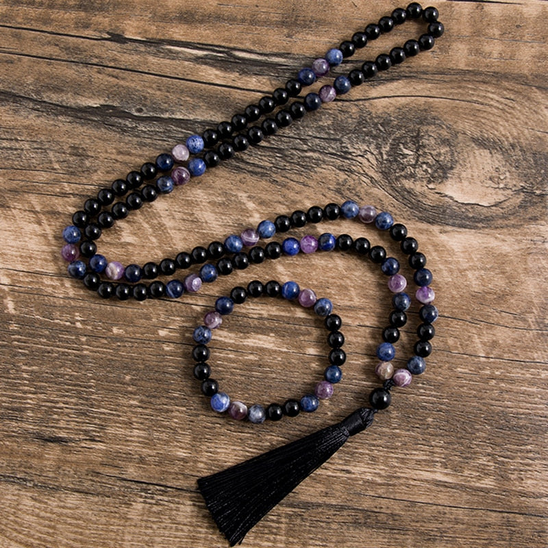 8mm Natural Black Onyx Amethyst Blue Sodalite Stone Beaded Necklace