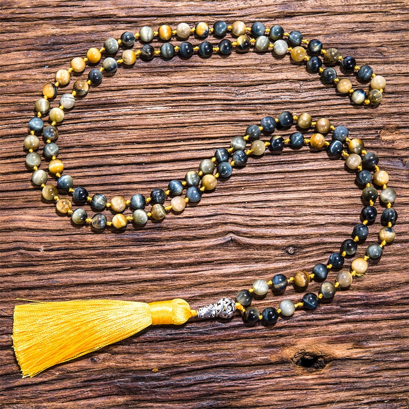 8mm Natural Dream Tiger Eye Beaded Knot 108 Japamala Necklace