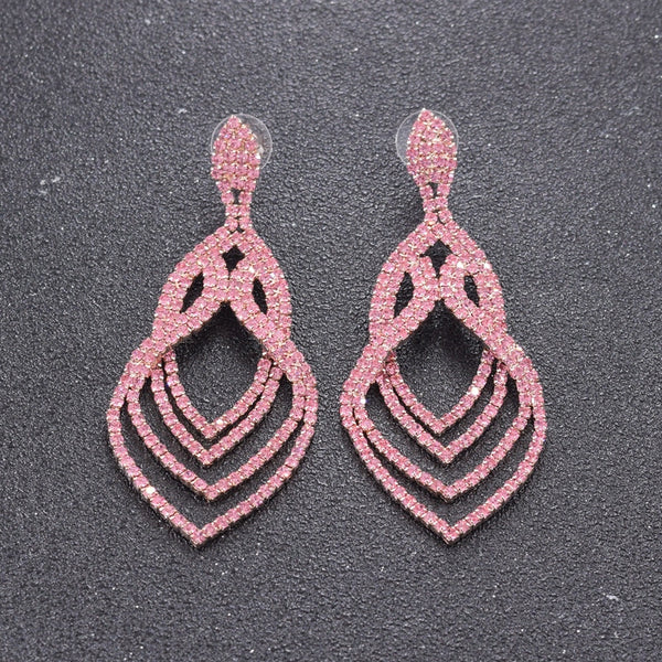 Pink color Rhinestones Drop Earring Rose  Gold Layered Tiered Drop Earring Women