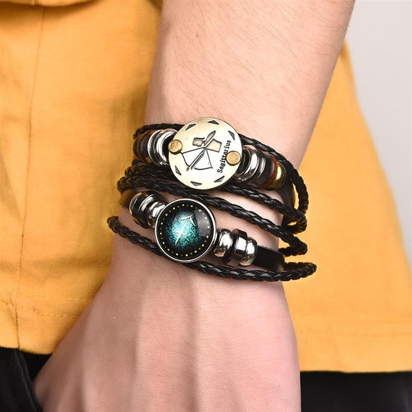 12 Constellation Bracelet  Zodiac Sign Black Braided Leather Bangle