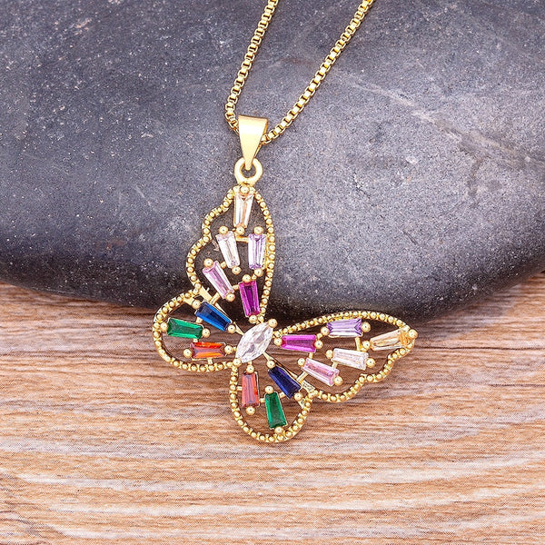 Top Quality Copper Zircon 12 Styles Charms Butterfly Pendant Chain Necklace for Women