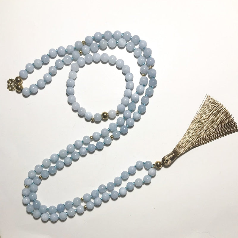 8mm Aquamarine Beaded Knotted Necklace 108Japamala Meditation Yoga Healing Blessing Jewelry Set