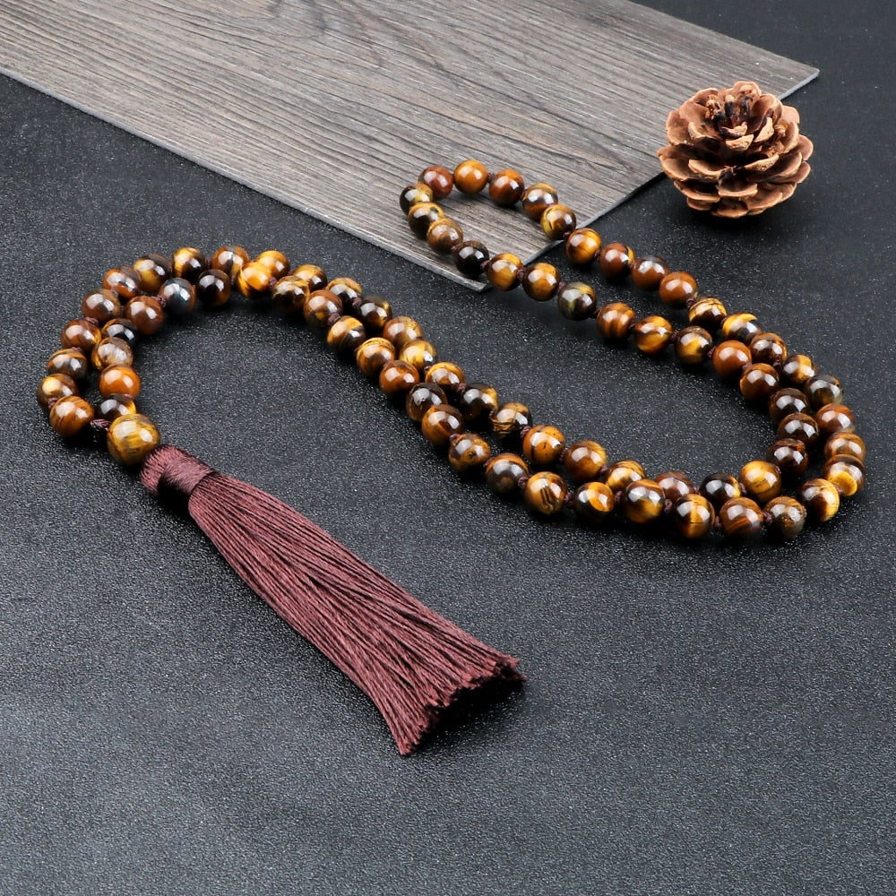 Trendy Men Beads Necklaces 8mm Natural Tiger Eye Stone Knotted Tibetan Buddhist Mala Necklaces