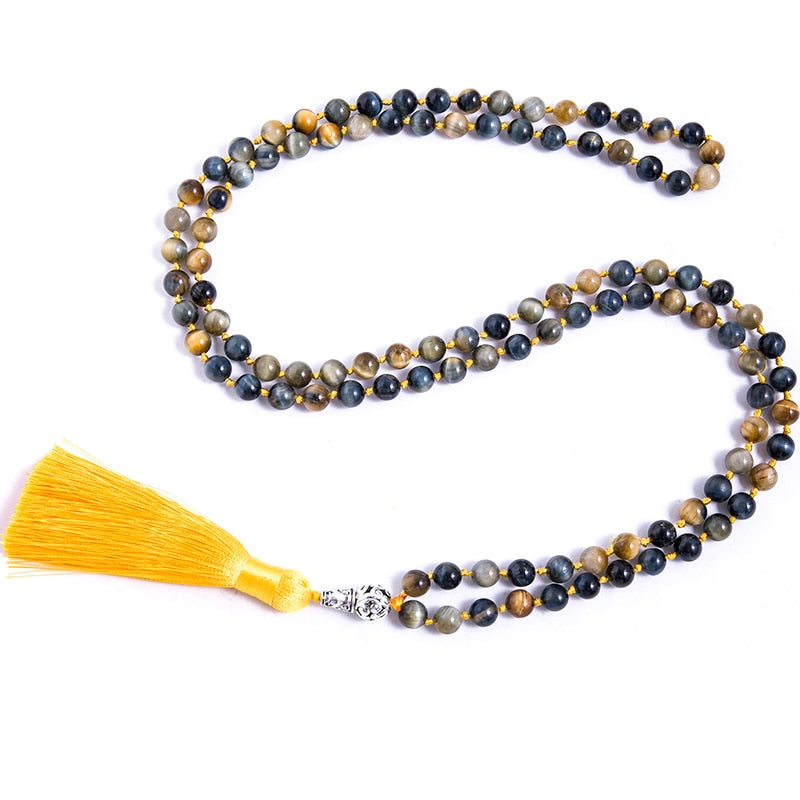 8mm Natural Dream Tiger Eye Beaded Knot 108 Japamala Necklace