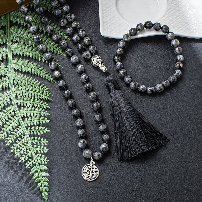 8mm Faceted Black Labradorite Beads Knotted Mala Necklace