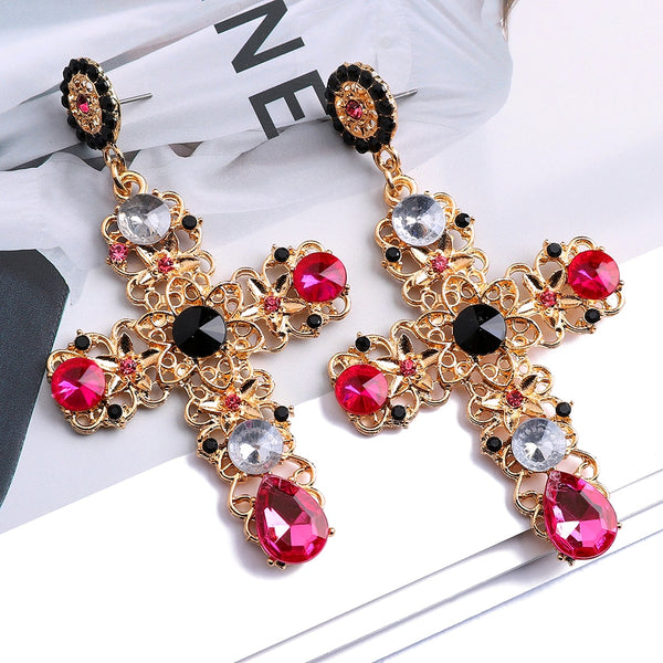 Vintage Metal Punk Hollow Pattern Cross Dangle Earrings Luxury Accessories For Women