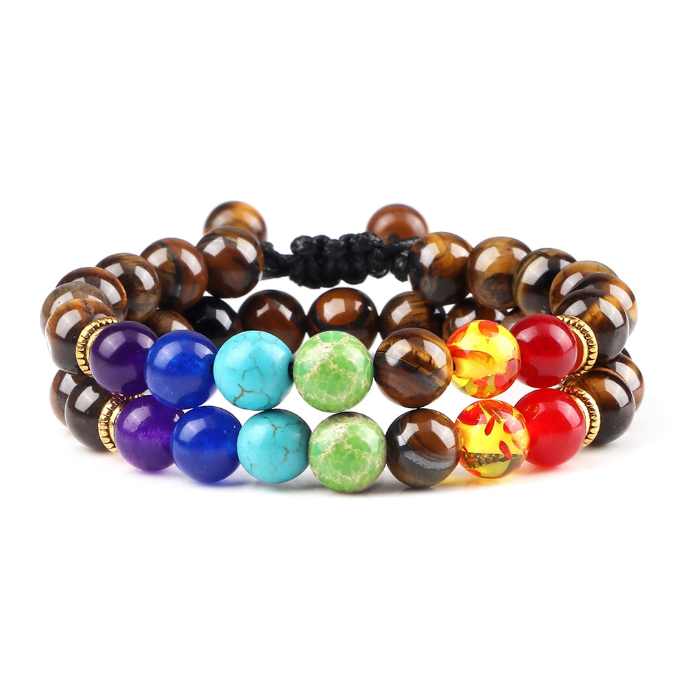 2Pcs Natural Stone 7 Chakra Healing Beaded Adjustable Braided Bracelets