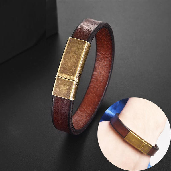 Vintage Brown Genuine Leather Men Bracelet Stainless Steel Magnetic Clasp Man Bracelets