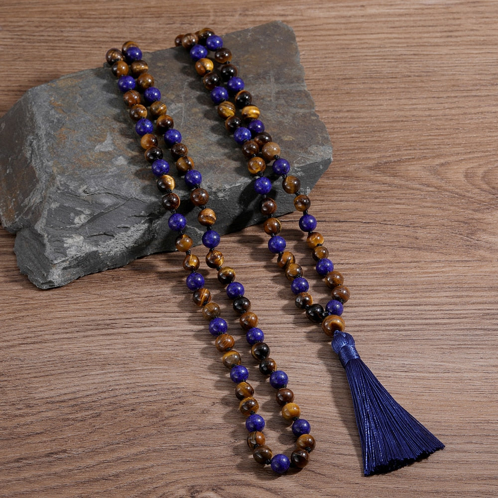 Lapis Lazuli Yellow Tiger Eye 108Mala Beaded Knotted Long Necklace