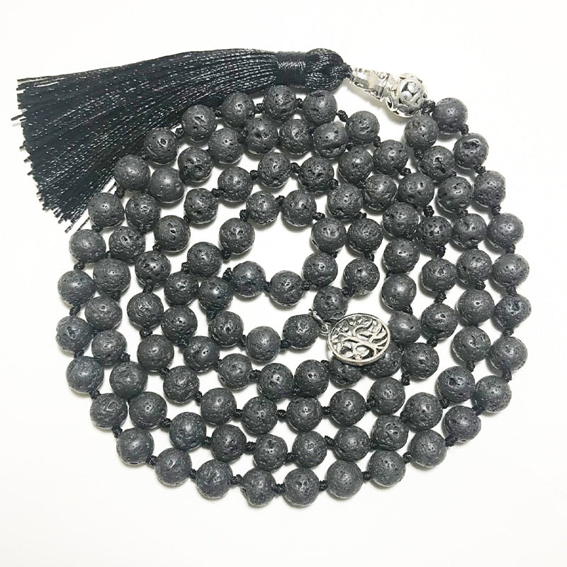 8mm Black Lava Stone Beaded Knotted 108 Mala Necklace