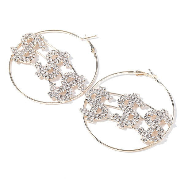 Fashion Metal Ring Rhinestone Dollar Sign Earrings Women