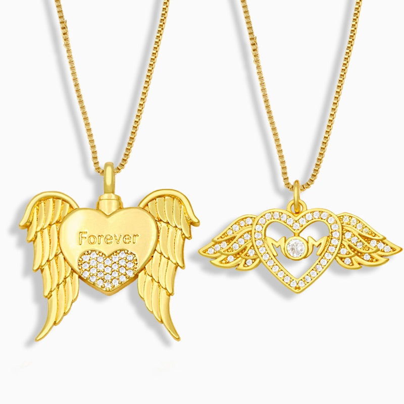 Gold Plated Chain Heart Mom Necklace For Women CZ Rhinestone Angel Wings Necklace