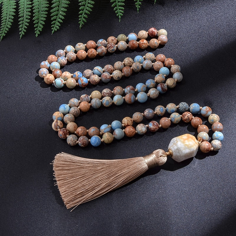 8mm Emperor Jasper Beaded Knotted Japamala Necklace Meditation Yoga Blessing Jewelry Set