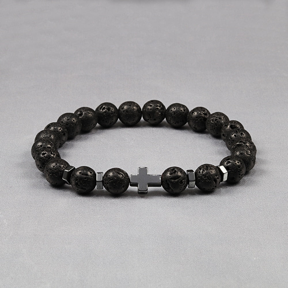 Hot Men Energy Bracelets Natural Tiger Eye Stone Black Lava Cross Beads Bracelet