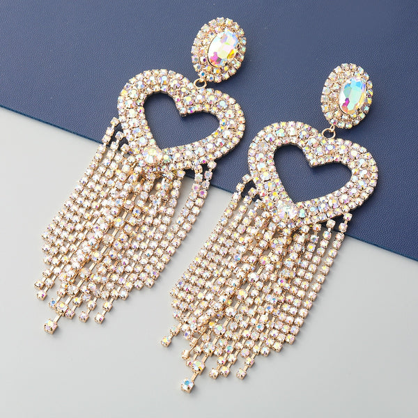 Fashion Metal Heart-shaped Long Tassel Rhinestone Earrings Women