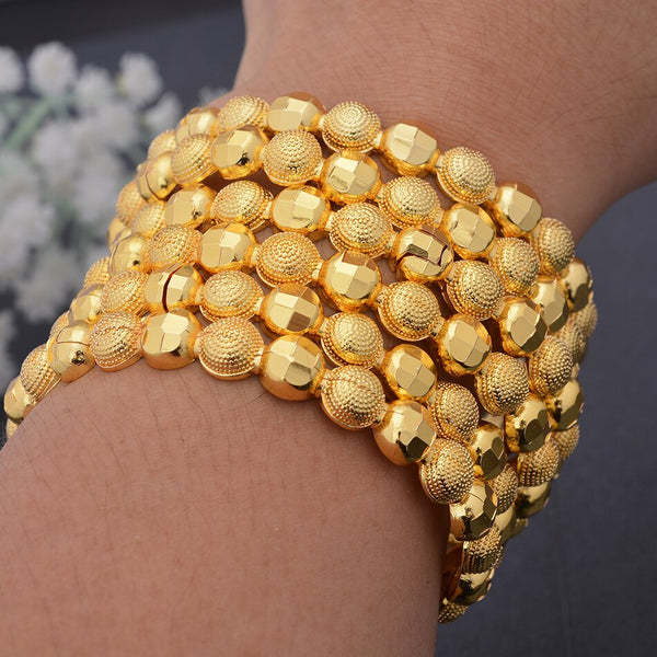 6Pcs/Set Trendy Dubai African Gold Color Bead Bangles For Women