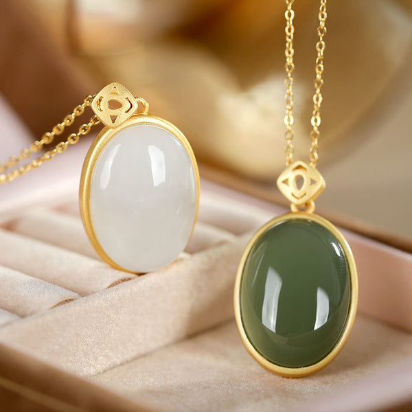 New silver inlaid natural Hetian white jade Oval Pendant Necklace