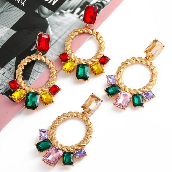 New Colorful Rhinestone Hoop Dangle Earrings Square Crystal Drop Earring