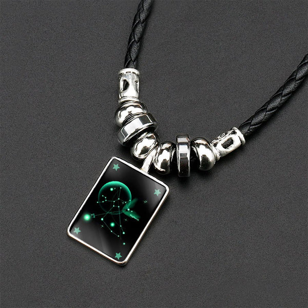 12 Constellation Zodiac Sign Black Braided Leather necklace