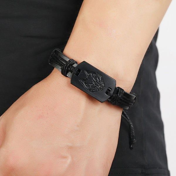 Punk Style Black Dog Tag Wolf Head Pattern Men Bracelet