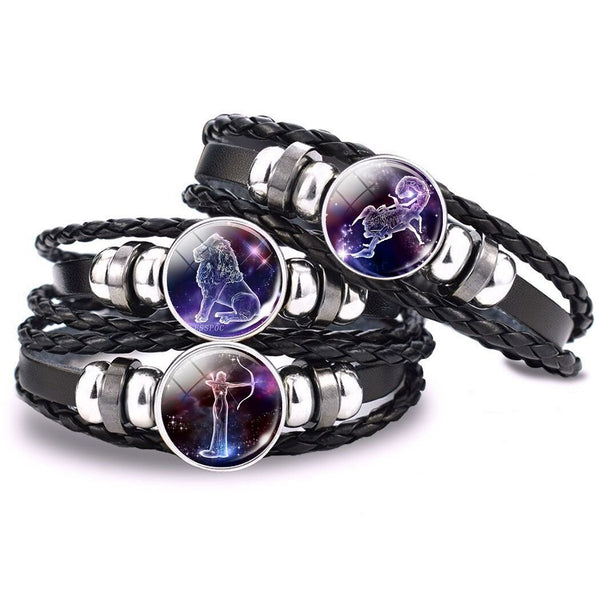 12 Zodiac Signs Glass Dome Leather Bracelet