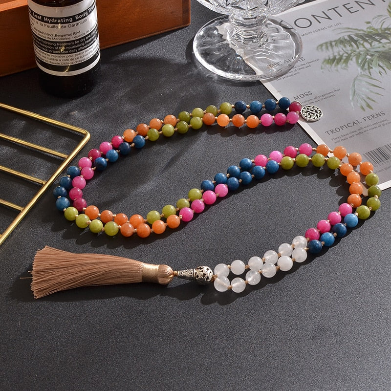 8mm Color Tourmaline White Jade Knotted Beads 108 Mala Necklace