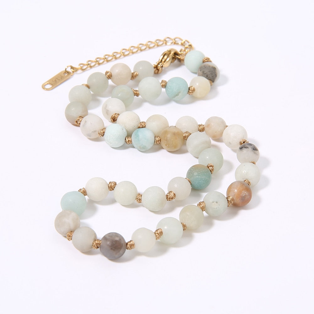 6mm Amazonite Tiger Eye Bloodstone Beaded Knotted Neck Necklace Women