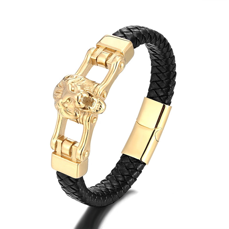 Luxury Men Bracelet Gold Lion Head Stainless Steel Leather Bracelets